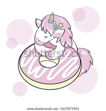 Cute unicorn is sleeping on a donut on a white background. Vector illustration of funny animals isolated. Beautiful card for girls