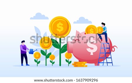 Investment grow up, piggy bank landing page website illustration flat vector template 