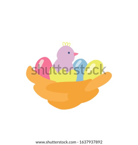 Easter decoration with a nest, a hatched chick and colorful eggs. Hand drawn vector illustration isolated on white background. Great for Easter products design, cards, treats.