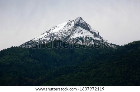 Snow over mountain peak above cloud forest selective focus on the mountain top