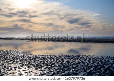 Dutch landscape, North sea sandy beach during low tide near Castricum aan Zee, winter in Netherlands