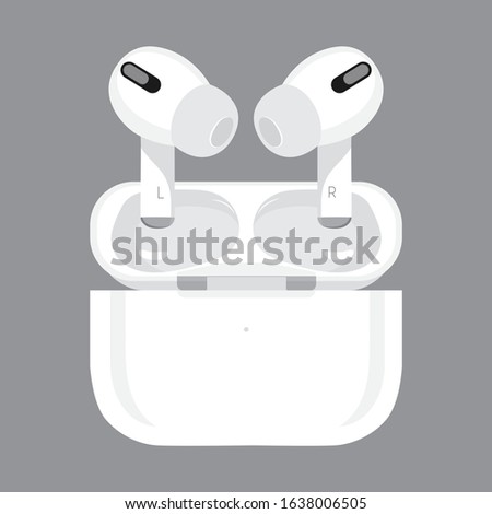 White wireless earbud headphones and Wireless charging case on gray background. Royalty-Free Stock Photo #1638006505