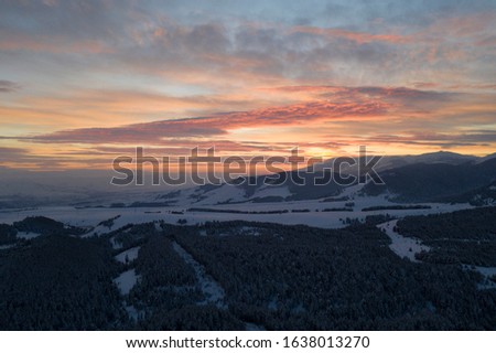 An aerial sunset view from Kars hills under the snow