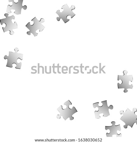 Game teaser jigsaw puzzle metallic silver pieces vector background. Scatter of puzzle pieces isolated on white. Strategy abstract concept. Connection elements.