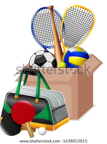 Cardboard box full of sport equipments on white background illustration