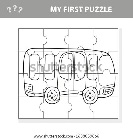 Easy educational paper game for kids. Simple kid puzzle with Toy Bus - My first puzzle and coloring book