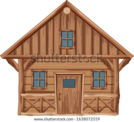 Wooden house with door and windows on white background illustration