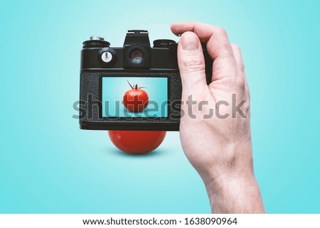 Hand Holding Retro Camera - Taking Picture of Red Tomato on Blue Background - Studio Shooting Concept with Rear Display View