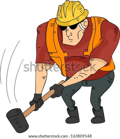 Illustration of a Muscular Construction Worker Holding a Sledgehammer
