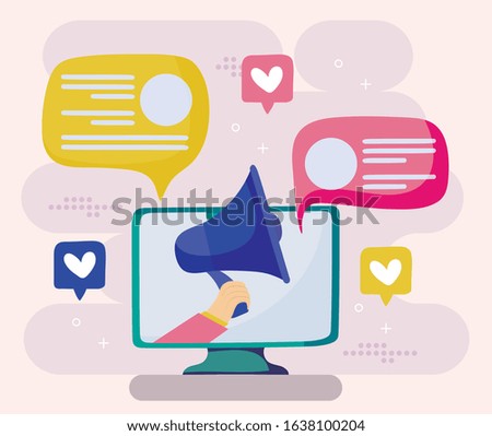 Computer megaphone and bubbles design, Social media multimedia communication digital marketing internet web and connect theme Vector illustration
