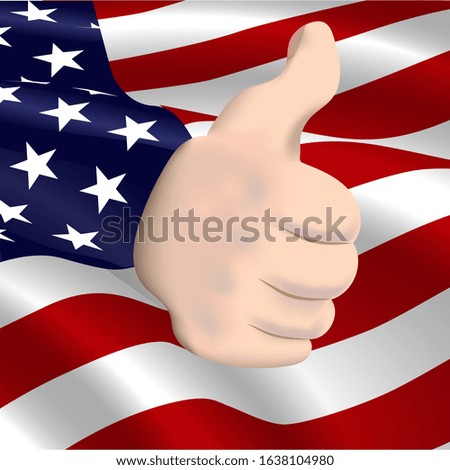 Hand like on the background of the USA flag waving in the wind.