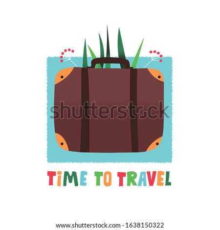 Semi flat vector illustration of brown suitcase on blue background with floral element and free hand drawing text isolated on white. Colorful    symbol of traveling in exotic countries. 