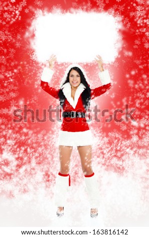christmas new year santa girl happy smile, woman wear Clause costume hold blank board with empty copy space over abstract magic snow red background with sparkles, full length