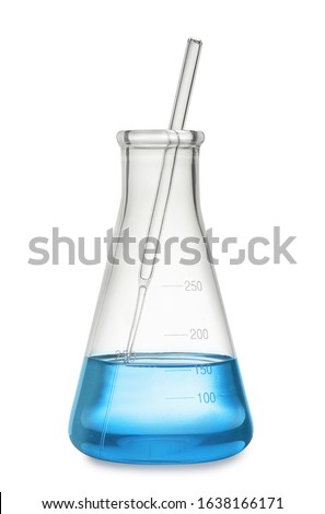 Conical flask with light blue liquid isolated on white Royalty-Free Stock Photo #1638166171