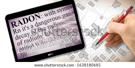 What you need to know about radon gas - Concept image with a city map and 3D render of a digital tablet and definition of radon