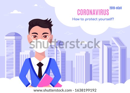 Coronavirus 2019-nCoV information concept banner. How to protect yourself. Young man wearing medical face mask in big city. Flat style illustration.