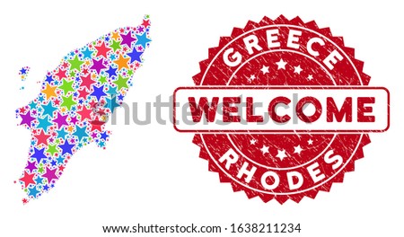 Bright Greek Rhodes Island map mosaic of stars, and textured rounded red WELCOME seal. Abstract territory plan in bright color tinges. Vector Greek Rhodes Island map is designed of color stars.
