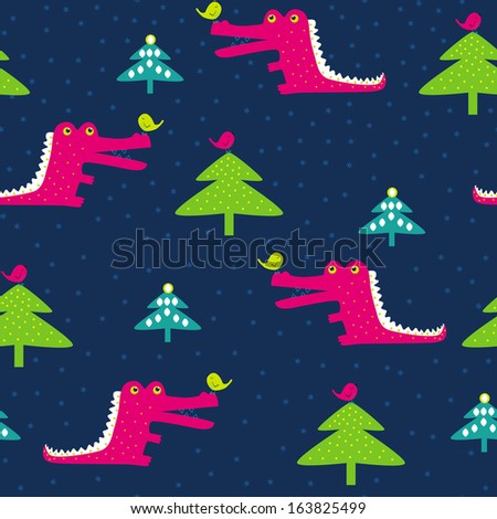 The vector seamless with crocodile, birds and christmas trees