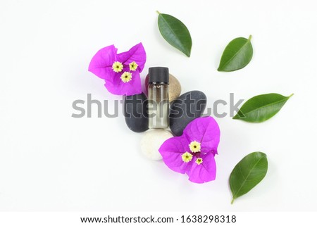 Organic and minimalistic flat lay of essential oil for a spa and wellness concept. Top view. Self Care