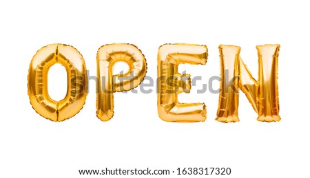 Word OPEN made of golden inflatable balloons isolated on white background. Helium balloons gold foil forming word open. Startup, grand opening celebration. Business beginnings event concept. Royalty-Free Stock Photo #1638317320