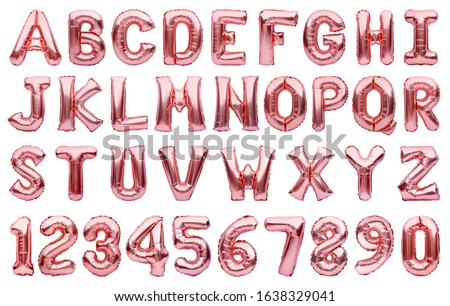 English alphabet and numbers made of pink golden inflatable helium balloons isolated on white. Rose gold foil balloon font, full alphabet set of upper case letters and numbers Royalty-Free Stock Photo #1638329041