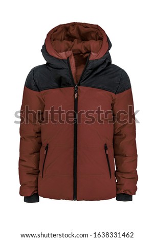 Men's brown with black hooded warm sport puffer jacket isolated over white background. Ghost mannequin photography