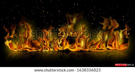 Flaming fire on a black background with reflection, vector illustration. EPS 10