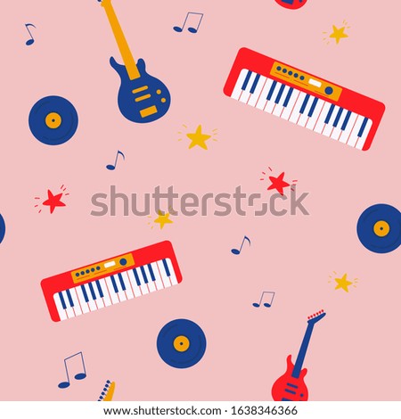 
Pattern with musical instruments on a pink background. Guitar, synthesizer, record.