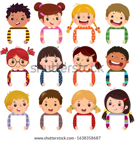 Cartoon collection of little kids portraits holding blank signs. Multi ethnic group of happy children portraits.