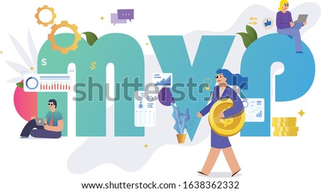 MVP vector illustration of young people using devices for buying new apps and digital goods. Flat concept design of minimum viable product. Minimum viable product. Minimal valuable product. Royalty-Free Stock Photo #1638362332