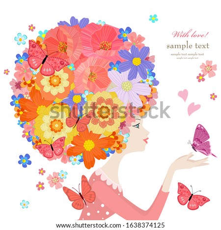 profile of beautiful girl with floral hairstyle holding a fluttering butterfly, surrounded by flying little flowers. romantic card template for your design
