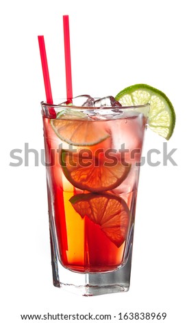 Red alcoholic cocktail (vodka with cranberry juice) decorated with lime