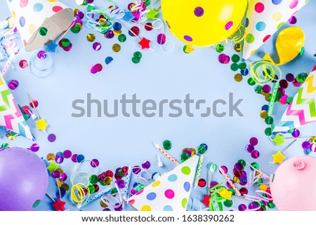 Birthday party decoration background with balloons, gift boxes, steamers and confetti, trendy light blue table copy space above