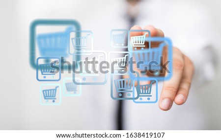 Businessman pressing modern technology panel shopping cart web phone credit card
