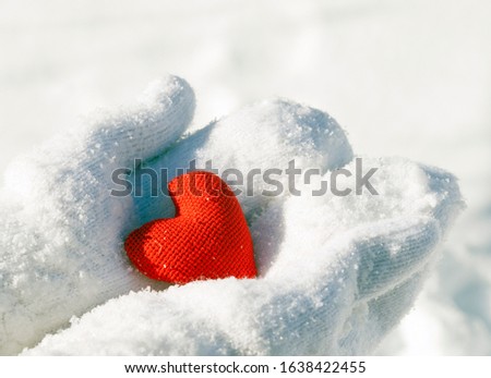 Female hands in mittens with a red heart, close-up. Place for text.