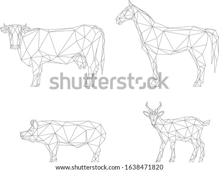 Polygonal factory animals, cow, horse, goat, pig, vector illustration isolated on white 