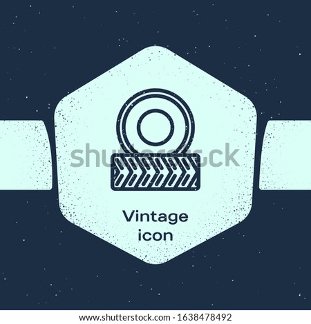 Grunge line Car wheel icon isolated on blue background. Monochrome vintage drawing. Vector Illustration