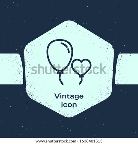 Grunge line Balloons in form of heart with ribbon icon isolated on blue background. Monochrome vintage drawing. Vector Illustration