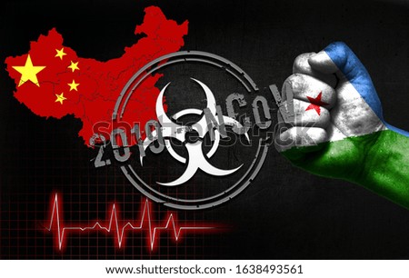 The concept of an epidemic in China with a virus named 2019-CoV, with the flag of Djibouti on the fist of a man.