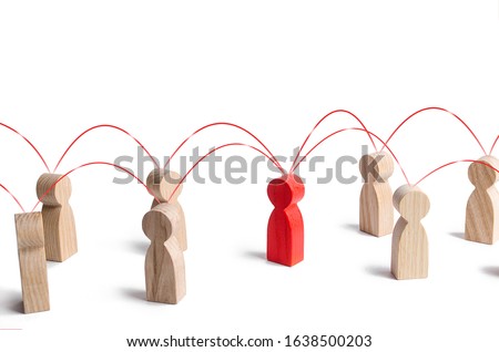 Red human figure in contact with surrounding persons. Cooperation collaboration, teamwork. Role intermediary mediator, leader, leadership. Communication, networking. Key expert specialist professional Royalty-Free Stock Photo #1638500203