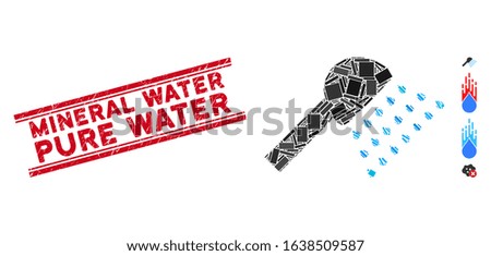 Mosaic shower pictogram and red Mineral Water Pure Water seal between double parallel lines. Flat vector shower mosaic pictogram of randomized rotated rectangle elements.