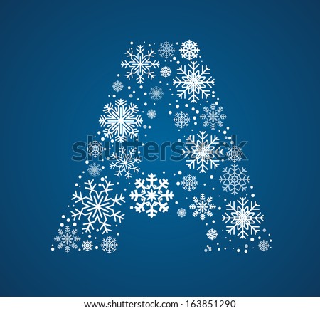 Letter A, made from frosty snowflakes, vector font