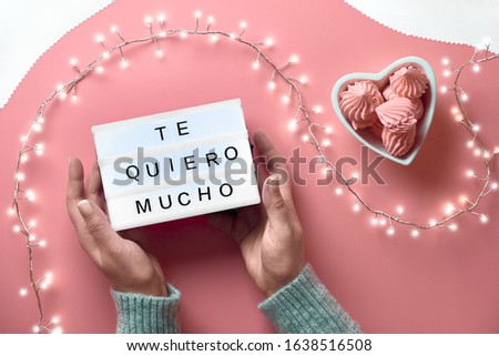 Valentine top view on pink background. Light garland, woman hands showing heart sign. Metallic pink champagne bottle. Trendy monochrome flat lay . Message "Te Quero Mucho" means I love you in Spanish