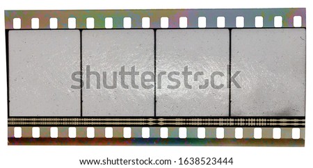 cool 35mm cine film strip with empty cells isolated on white backgroud with crazy neon texture and optical stereo sound showing the amplitude of the audio signal, analog soundfilm or movietone.