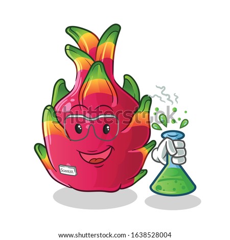 Dragon fruit scientists hold chemical tubes and wear glasses cartoon. cute chibi cartoon mascot vector
