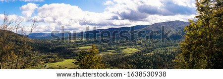 Panoramic view. Poland, Podkarpackie Voivodeship, Beautiful autumn afternoon in Bieszczady mountain range - National Park. Ideal place for family recreation, sports and relax and seasonal activities
