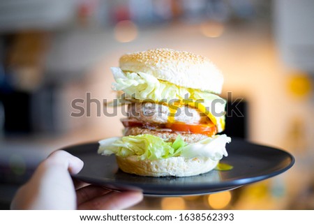 Hand of caucasian man shows a plate with a double hamburger on it. Isolated double hamburger on plate. 