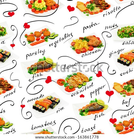 Mix of different food, decorated sketches. Seamless background.