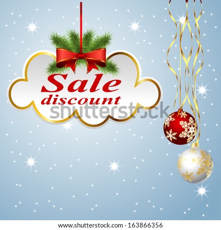 Illustration of clouds c inscription sale and Christmas balls. Vector.