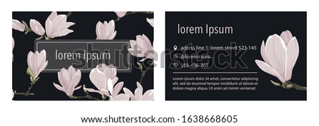 Vector business card template with magnolia flower on a black background. 